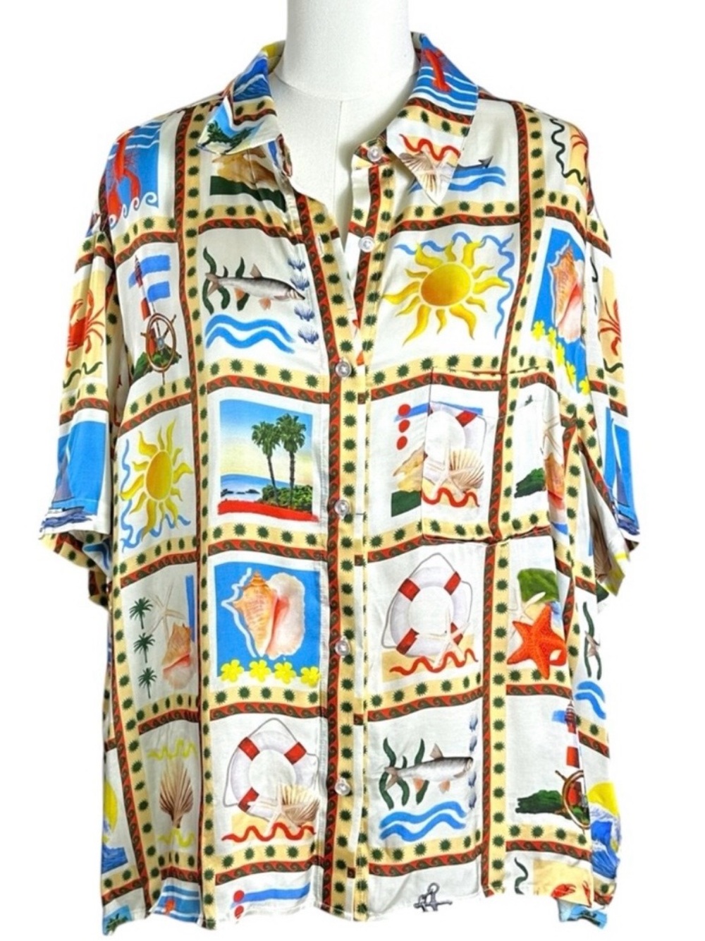 WeWoreWhat XL Art to Wear Coastal Beach Scene Souvenir Oversized Silky Dad Shirt